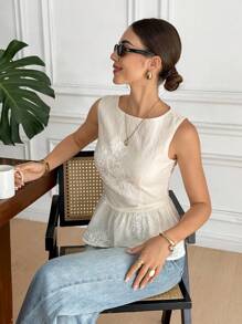 Serisse Áo hai dây thời trang cổ tròn viền bèo nhún họa tiết hoa jacquard dành cho nữ - Màu be - Xem 7