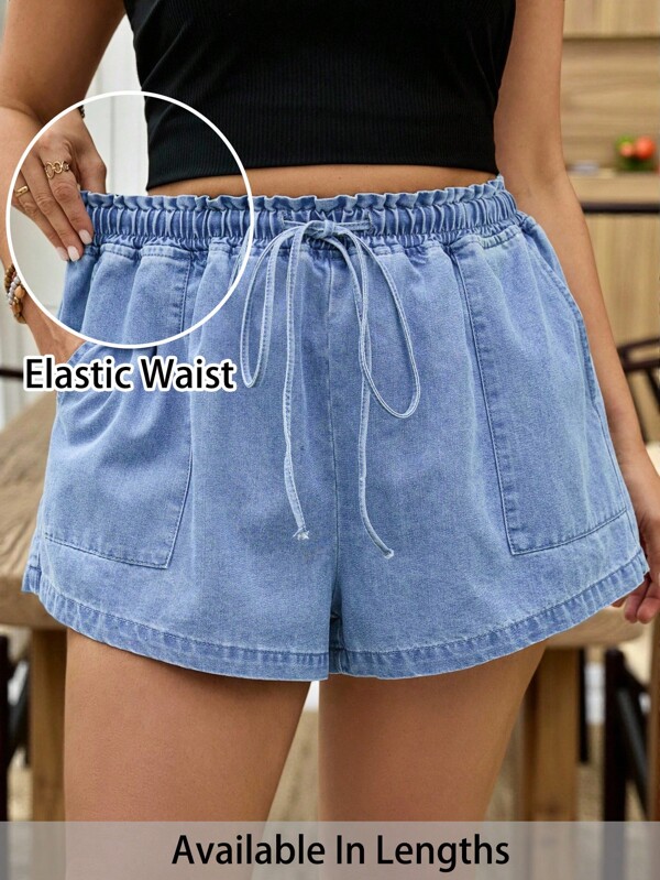 SHEIN Tall CURVE Pantalones cortos de mezclilla azul con volantes en la cintura para mujeres de talla grande, para vacaciones occidentales, ropa escolar, conciertos, maestras, estilo vintage de Hawái, raves, streetwear, estilo "old money" de mujeres, y2k, gótico, grunge, gyaru