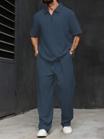 Manfinity Homme Plus Size Men's Casual Solid Color Short Sleeve Polo Shirt And Pants Set, Summer