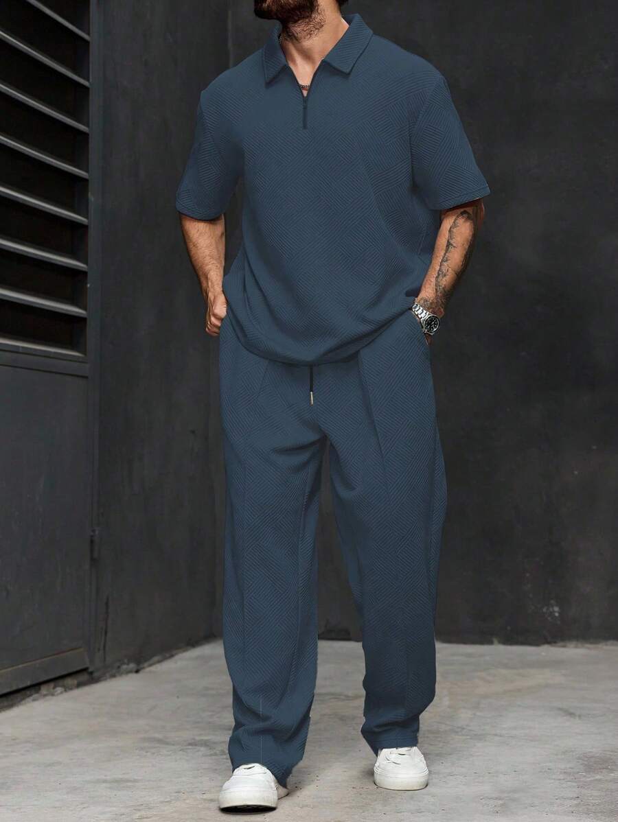Manfinity CasualCool Setelan Kemeja Polo Lengan Pendek dan Celana Panjang Kasual Pria Ukuran Besar, Musim Panas - Dusty Blue - View 1