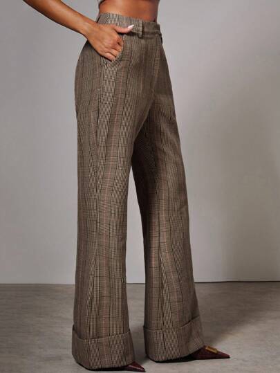 COSMINA Pantaloni casual a zampa di donna in stile retrò a quadri con tasche laterali, abbigliamento autunnale da donna, pantaloni a zampa