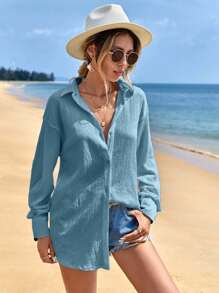 EURMUSE Women's Solid Color Drop Shoulder Long Sleeve Single-Breasted Casual Shirt - Blue - View 4
