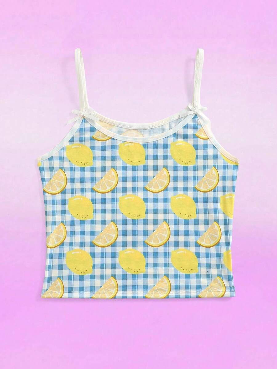 少女格子柠檬印花吊带背心 - 彩色 - 查看 1
