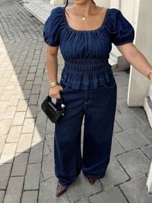 SHEIN ICON Plus Size Women Ruched Square Neckline Short Puff Sleeve Fashionable Blouse