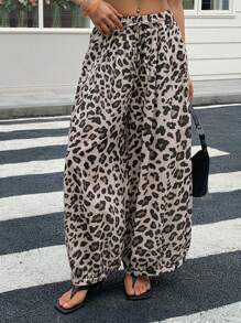 DAZY Women's Leopard Print Casual Loose Fit Wide Leg Cropped Pants - Brown - View 1