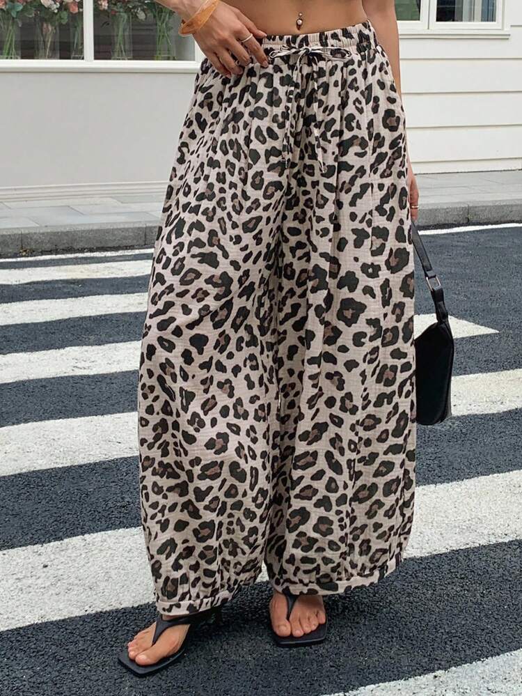 Women's Leopard Print Casual Loose Fit Wide Leg Cropped Pants