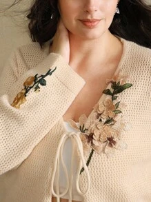 Anewsta Cardigan tricoté à fleurs brodées grande taille pour femmes - Nude - Voir 4