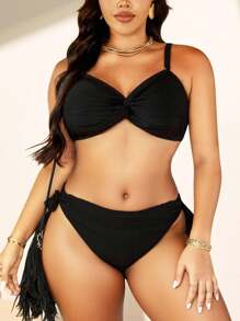 Swim Basics Bộ bikini xoắn phía trước màu trơn cỡ lớn có áo và quần - màu đen - Xem 4