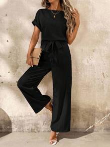 SHEIN Clasi Contrast Lace Batwing Sleeve Jumpsuit For Women - Black - View 8