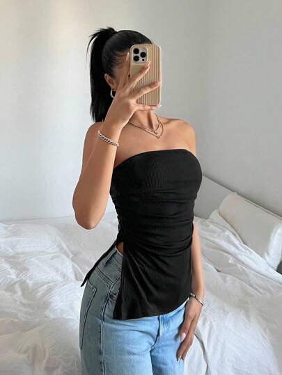 SHEIN EZwear Women's Solid Color Black Slit Hem Ruched Bandeau Tube Top - Casual Everyday