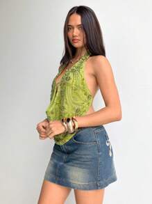 Aloruh ملابس علوية نسائية مثيرة بياقة عميقة منسدلة وظهر مكشوف مزينة بالترتر والخرز والتطريز، ملابس علوية مناسبة للخروج والمواعدة والسهرات الليلية والنوادي - أخضر - مشاهدة 5