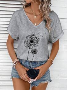 EMERY ROSE Áo thun cổ chữ V in hình bồ công anh cỡ lớn, phù hợp cho mùa hè - Xám - Xem 4