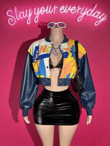 Slaydiva 2025新款初秋冬季休闲街头棒球服日常约会复古学院风标语Logo撞色星形印花藏蓝色PU夹克机车夹克女式夹克Y2K短款上衣夹克80年代女装秋冬女装冬季外套 - 藏蓝色 - 查看 1