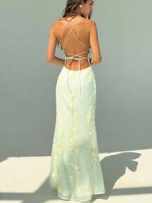 Aloruh 全新复古绿色花卉提花刺绣浪漫度假修身连衣裙，适合海滩度假，淡绿色茶长连衣裙 - 綠色 - 查看 4