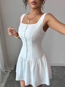 Rafferiza 优雅时尚修身圆领荷叶边下摆休闲通勤女士短款连衣裙，夏季 - 白色 - 查看 4