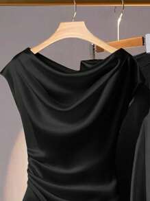 Franclia 女式纯色黑色荷叶边领时尚优雅衬衫 - 黑色 - 查看 5