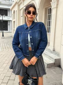Jeanoix 大码女式单排扣休闲百搭牛仔夹克，长袖 - 藍色 - 查看 4