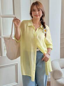 SHEIN LUNE 冬季纹理休闲大码纯色夏季长袖衬衫乡村音乐会复古教师奶油黄色上衣秋季返校工作/办公室商务休闲女士返校秋季返校节