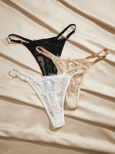 Charlaine paquete de 3 Tangas de mujer con bajo talle y encaje con patrón de corazones aleatorio