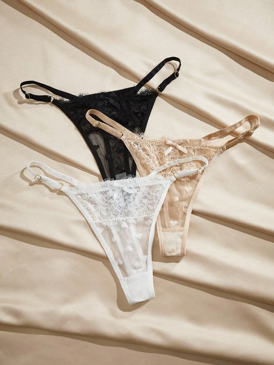 Charlaine 3条装女士低腰蕾丝丁字裤，随机心形图案 - 彩色 - 查看 1