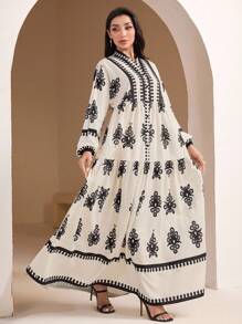 Veilorie Retro Modest Printed Dress For Women, Modest Dress, Modest Dresses For Women, Vacation Dresses, Fall Dresses For Women,Autumn Dress,Fall Dresses,Fall Outfits Women,Autumn Clothes,Autumn - Multicolor - View 3