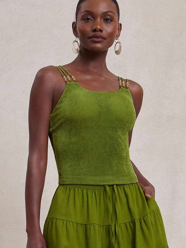 NYA SZN Top Spaghetti Strap Bead Detail Casual Everyday Brunch Vacation Spring Summer Waist Length Outfits For Women