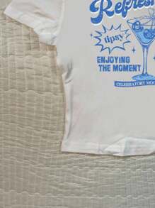 Attitoon Casual Retro Style Vacation Cocktail Graphic, Vintage Letter Graphic, Vacation Style Cocktail, Cocktail Party, Fitted Women Short Sleeve Crew Neck T-Shirt, Suitable For Summer Vacation Suitable For Going Out - White - View 6