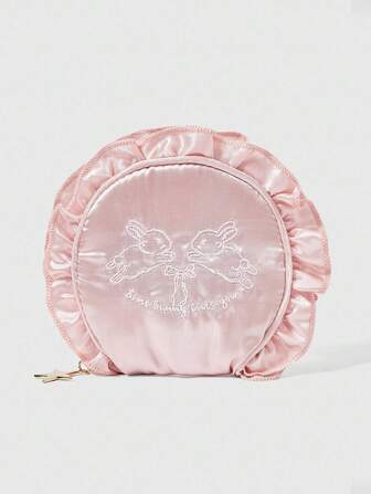 Kawaii 1pc Rabbit Embroidered Shell Ruffle Cosmetic Jewelry Travel Pouch, Gift Set With Pearl Hanging Decor