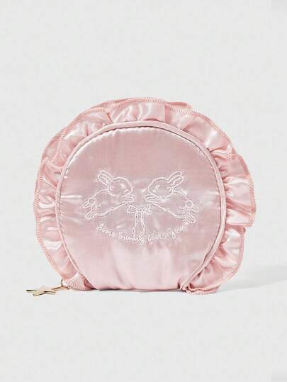 Kawaii 1pc Rabbit Embroidered Shell Ruffle Cosmetic Jewelry Travel Pouch, Gift Set With Pearl Hanging Decor