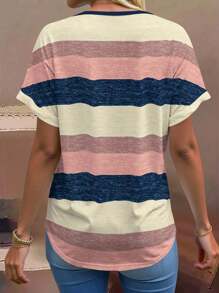 EMERY ROSE Áo thun nữ cổ chữ V tay ngắn họa tiết sọc cỡ lớn, bo gấu tay, dáng rộng thoải mái mùa hè - Nhiều màu - Xem 2
