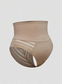 SHAPORA Plus Size Women's Minimalist Solid Color High Neck Patchwork Sheer Striped Shapewear Bottom - Khaki - View 5