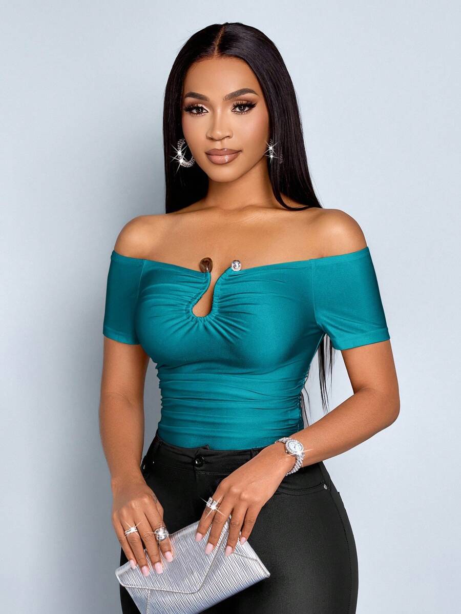 SOLERSUN Women's Solid Color Off-Shoulder Short Sleeve Slim Fit T-Shirt With Pleats - Teal Blue - View 1