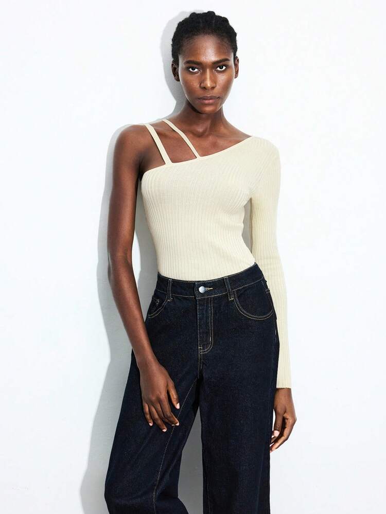 SHEIN Maija 여성 솔리드 컬러 비대칭 어깨 긴팔 핏팅 리브 탑, 크림 외출용 탑, 가을 데이트 나이트 기본 탑