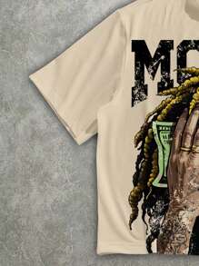 Manfinity EMRG 男士休闲街头风格字母与肖像图案宽松 T 恤，夏季 - 卡其色 - 查看 5