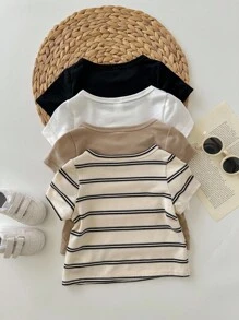 4pcs/Set Cute Baby Boy & Baby Girl Casual Versatile Knit Stretchy Striped Long Sleeve Tops, Suitable For Indoor & Outdoor, Spring/Summer