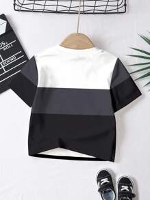 3 件装年轻男孩休闲酷炫拼色拼接图案 T 恤，舒适短袖 T 恤，适合春夏季 - 彩色 - 查看 3