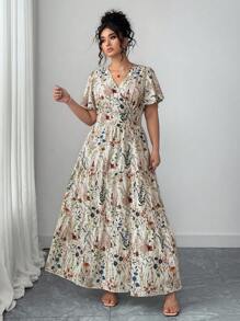 Elenzga 大码女式碎花 V 领修腰喇叭袖长裙，休闲优雅时尚，春夏季，适合海滩装、春假、茶会、复活节 - 彩色 - 查看 5