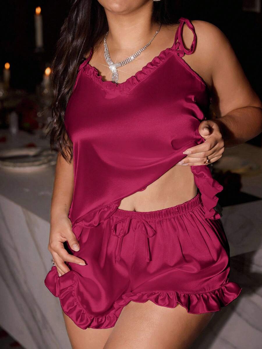 SilkySpell 加大码性感缎面荷叶边吊带背心和短裤睡衣套装，优雅舒适的睡衣 - 酒紅色 - 查看 1