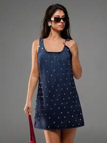Avantive New Summer Women's Round Neck Sleeveless A-Line Rhinestone Decorated Denim Mini Dress - Navy Blue - View 6