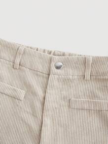 SHEIN PETITE CURVE 大码女式纯色前扣休闲阔腿裤，适合日常穿着 - 杏色 - 查看 3