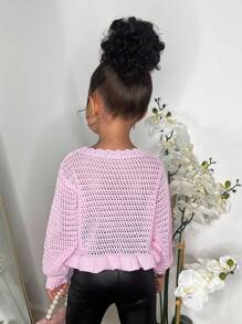SHEIN Pink Crew Neck Ruffle Hem Short Sweater For Young Girls, Decorated With 3D Bow, Cute Princess Style, Suitable For Home, Outdoor, Party, Vacation,In Fall/Winter - Pink - View 2