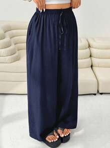 SHEIN EZwear Plus Size Casual Solid Color Straight Leg Pants,Fall Clothes For Women - Navy Blue - View 3