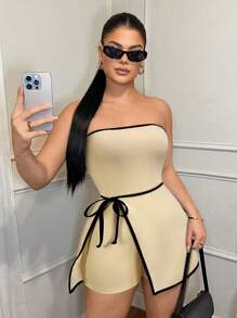 SHEIN SXY 女士商务休闲撞色侧系腰连体裤裙 - 杏色 - 查看 6