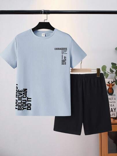 SHEIN 2pcs/Set Tween Boys Casual Letter Graphic Short Sleeve T-Shirt And Shorts Sleepwear Lounge Set, Summer
