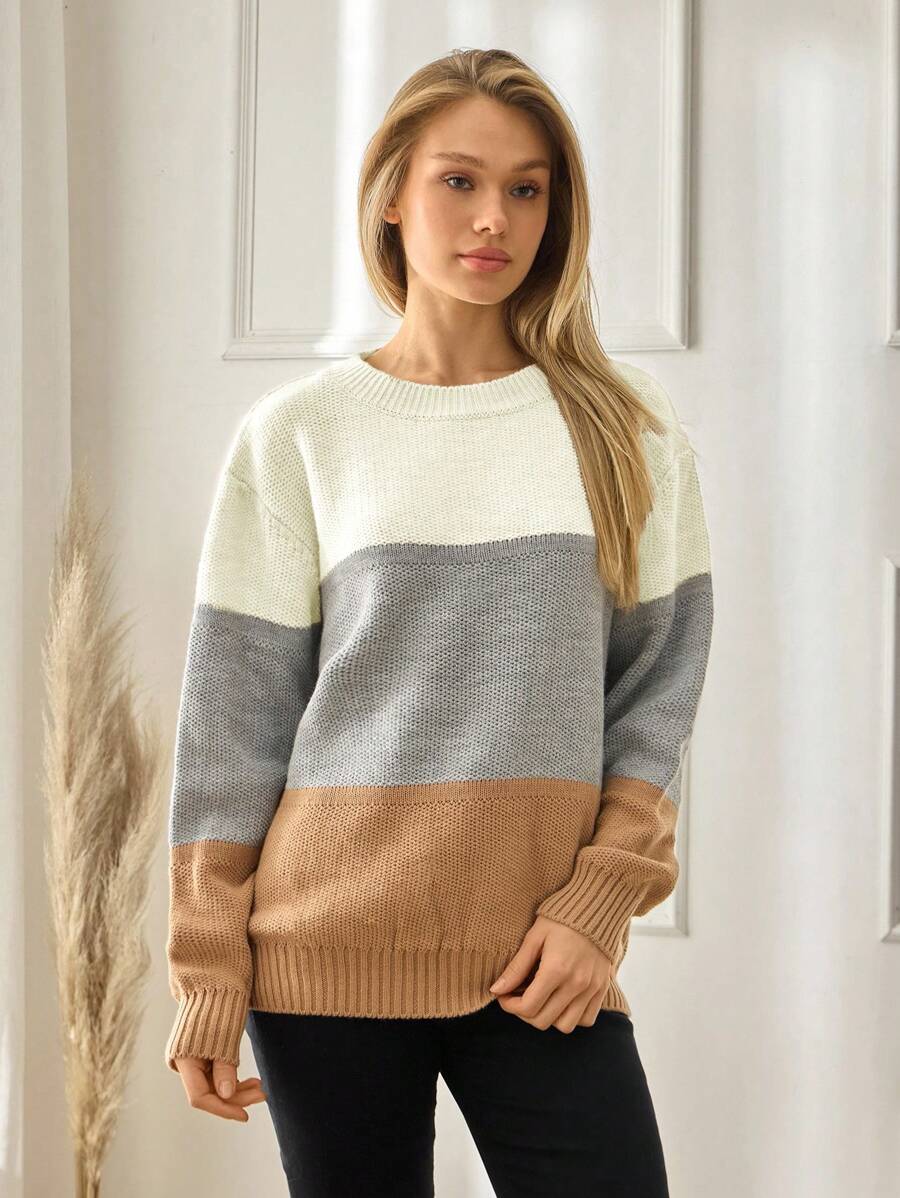 SHEIN Tall 高码女式休闲宽松圆领拼色百搭秋季毛衣商务休闲女式，假日乡村上衣 - 彩色 - 查看 1