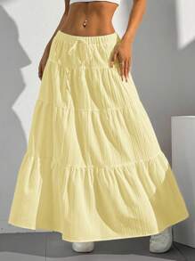SHEIN EZwear Plus Size Women Solid Color Waist Tie Ruffle Hem Casual Skirt,Back To School - Yellow - View 8
