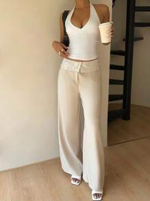 Siren Gaze 女式全新蕾丝拼布高腰裤 - 杏色 - 查看 3