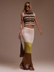 MUSERA Low Rise Knit Tassle Hem Ombre Maxi Skirt Ibiza Fits Holiday Vacation Sexy Beach Romantic Elegant Occasion Birthday Boho Rafia Fall Thanksgiving Chic