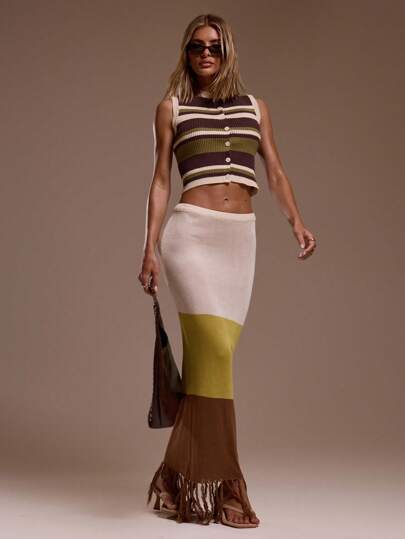 MUSERA Low Rise Knit Tassle Hem Ombre Maxi Skirt Ibiza Fits Holiday Vacation Sexy Beach Romantic Elegant Occasion Birthday Boho Rafia Chic Festival Summer