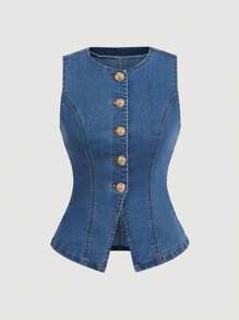 SHEIN PETITE Women's Blue Denim Tops, Old Money Style Vest Sleeveless Tops, Old Money Style Office Wear - Medium Wash - View 5